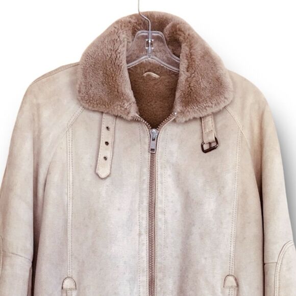 100% Gewachsenes Lammfell Suede Shearling Aviator Bomber Jacket Taupe Sz 50-US M - Picture 6 of 12